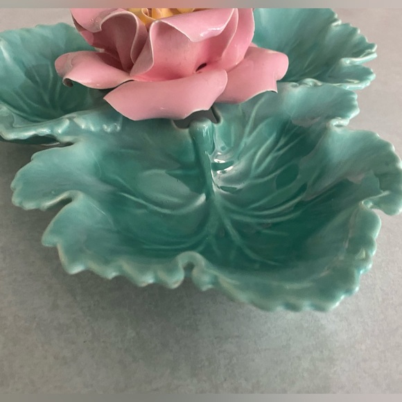 Vintage Enchanto candy dish turquoise leaves (cabbage?) and pink rose - Picture 6 of 16
